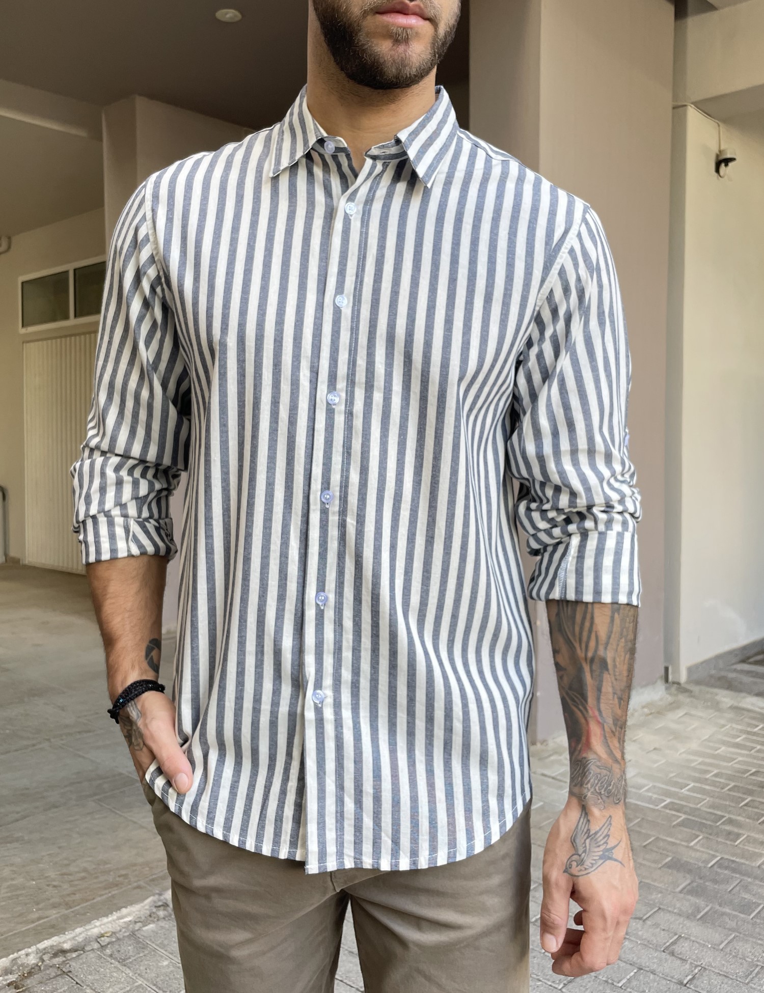 Ben Tailor Ben Tailor ανδρικό βαμβακολινό μπλε ριγέ πουκάμισο με γιακά 1239B